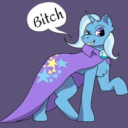 Size: 768x768 | Tagged: safe, artist:thegoldenwolf203, derpibooru import, trixie, pony, unicorn, bitch, cape, chest fluff, clothes, grin, smiling, solo, trixie's cape, vulgar