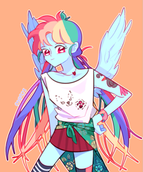 Size: 663x801 | Tagged: safe, artist:dusty-munji, rainbow dash, human, bracelet, clothes, humanized, jewelry, pigtails, pleated skirt, pony coloring, simple background, skirt, socks, solo, tanktop, tattoo, twintails, winged humanization, wings, zettai ryouiki