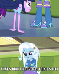 Size: 580x720 | Tagged: safe, derpibooru import, edit, edited screencap, screencap, trixie, twilight sparkle, equestria girls, equestria girls (movie), boots, caption, clothes, crossed arms, grovelling, image macro, meme, shoes, skirt, text, trixie yells at everything