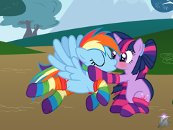 Size: 8000x6000 | Tagged: safe, artist:nightmaremoons, rainbow dash, twilight sparkle, pegasus, pony, absurd resolution, alternate hairstyle, blushing, clothes, female, kissing, lesbian, shipping, socks, twidash