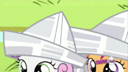 Size: 480x270 | Tagged: safe, screencap, pinkie pie, scootaloo, sweetie belle, earth pony, pony, ponyville confidential, animated, hat, hub logo, newspaper, paper boat, paper hat, river