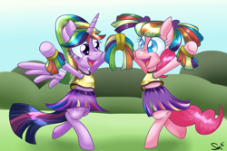 Size: 3000x2000 | Tagged: safe, artist:sintakhra, pinkie pie, twilight sparkle, twilight sparkle (alicorn), alicorn, pony, cheerleader, female, mare, wig