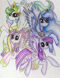 Size: 1987x2556 | Tagged: safe, artist:rainbowsmile7, princess cadance, princess celestia, princess luna, twilight sparkle, twilight sparkle (alicorn), alicorn, pony, alicorn tetrarchy, female, mare, traditional art