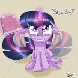 Size: 1024x1024 | Tagged: safe, artist:sintakhra, twilight sparkle, book, floppy ears, solo, studying, tail wag, telekinesis