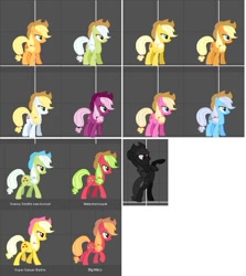 Size: 777x871 | Tagged: safe, applejack, applejack (g3), big macintosh, cheerilee, cherry berry, granny smith, shoeshine, earth pony, pony, fighting is magic, g1, g3, alternate costumes, g1 to g4, g3 to g4, generation leap, male, palette swap, stallion, wip