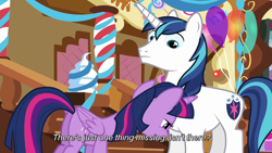 Size: 1280x720 | Tagged: safe, screencap, shining armor, twilight sparkle, twilight sparkle (alicorn), alicorn, pony, unicorn, the one where pinkie pie knows, female, mare, out of context, subtitles