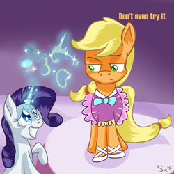 Size: 1024x1024 | Tagged: safe, artist:sintakhra, applejack, rarity, earth pony, pony, unicorn, applejack also dresses in style, applejack is not amused, clothes, dress, unamused