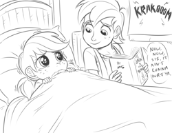 Size: 1347x1041 | Tagged: safe, artist:megasweet, applejack, big macintosh, bed, book, crying, humanized, monochrome, thunder, thunderstorm, younger