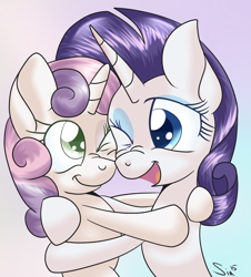 Size: 1130x1250 | Tagged: safe, artist:sintakhra, rarity, sweetie belle, pony, unicorn, hug, sisters