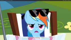 Size: 1920x1080 | Tagged: safe, screencap, rainbow dash, pegasus, pony, too many pinkie pies, beach chair, sunglasses, tanning mirror, youtube caption