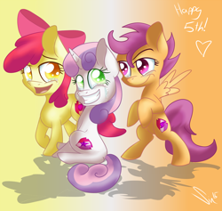 Size: 1250x1187 | Tagged: safe, artist:sintakhra, apple bloom, scootaloo, sweetie belle, earth pony, pegasus, pony, unicorn, crusaders of the lost mark, bipedal, bow, crying, cutie mark crusaders, gradient background, hair bow, mlp fim's fifth anniversary, signature, smiling, the cmc's cutie marks