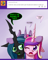 Size: 740x919 | Tagged: safe, artist:deusexequus, princess cadance, queen chrysalis, twilight sparkle, twilight sparkle (alicorn), alicorn, changeling, changeling queen, pony, ask the princess of friendship with benefits, cadalis, female, infidelity, lesbian, mare, now kiss, shipping, tumblr