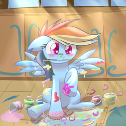 Size: 1250x1250 | Tagged: safe, artist:sintakhra, rainbow dash, pegasus, pony, blush sticker, blushing, cute, dashabetes, filly, filly rainbow dash, floppy ears, messy, mouth hold, paintbrush, painting, raised hoof, sitting, smiling, solo, spread wings, underhoof, younger