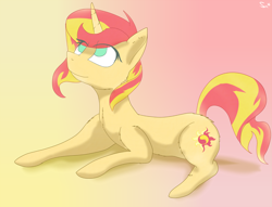 Size: 1500x1147 | Tagged: safe, artist:sintakhra, sunset shimmer, cat, pony, unicorn, catified, gradient background, prone, solo, species swap