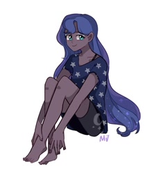 Size: 1150x1280 | Tagged: safe, artist:dusty-munji, princess luna, human, clothes, humanized, shirt, shorts, simple background, sitting, solo