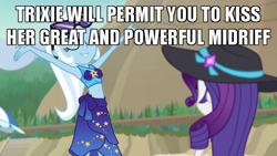 Size: 640x360 | Tagged: safe, derpibooru import, rarity, trixie, better together, equestria girls, forgotten friendship, beanie, belly button, bikini, caption, clothes, hat, image macro, implied rarixie, meme, midriff, sarong, swimsuit, text, trixie yells at everything