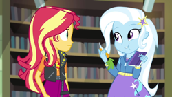 Size: 1280x720 | Tagged: safe, derpibooru import, screencap, sunset shimmer, trixie, better together, equestria girls, forgotten friendship, carrot, cute, diatrixes, duo, duo female, female, food