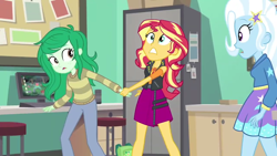 Size: 1280x720 | Tagged: safe, derpibooru import, screencap, sunset shimmer, trixie, wallflower blush, better together, equestria girls, forgotten friendship, canterlot high, classroom, clothes, computer, female, geode of empathy, hoodie, magical geodes, trio, trio female