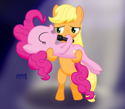 Size: 1080x942 | Tagged: safe, artist:phallen1, applejack, pinkie pie, earth pony, pony, applepie, carrying, female, lesbian, shipping, singing