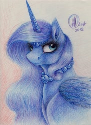 Size: 1589x2188 | Tagged: safe, artist:kimsteinandother, princess luna, alicorn, pony, bust, diadem, female, hand drawing, jewelry, mare, necklace, portrait, solo