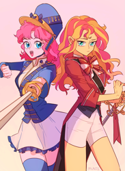 Size: 1063x1453 | Tagged: safe, artist:dusty-munji, pinkie pie, sunset shimmer, equestria girls, bowtie, clothes, cute, duo, hat, open mouth, simple background, skirt, sword, weapon