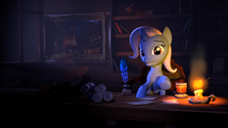 Size: 1920x1080 | Tagged: safe, artist:thesokol, derpibooru import, trixie, pony, unicorn, 3d, alicorn amulet, book, bookshelf, candle, chair, cup, female, flower, inkwell, looking at you, mare, night, painting, pen, pointing, solo, source filmmaker