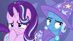 Size: 1280x720 | Tagged: safe, derpibooru import, screencap, starlight glimmer, trixie, pony, unicorn, celestial advice, duo, stifling laughter