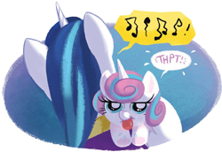 Size: 453x312 | Tagged: safe, artist:amy mebberson, princess flurry heart, shining armor, pony, unicorn, burp, cute, faic, father and child, father and daughter, flurrybetes, good night baby flurry heart, male, music notes, onomatopoeia, parent and child, raspberry, raspberry noise, tongue out