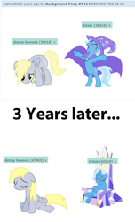 Size: 586x964 | Tagged: safe, derpibooru import, edit, edited edit, derpy hooves, trixie, pegasus, pony, unicorn, bipedal, chair, comparison, derpibooru, female, happy, mare, meta, sad, sitting, tags