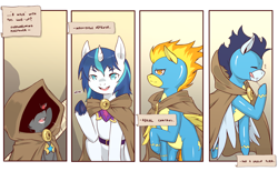 Size: 1280x788 | Tagged: safe, artist:cold-blooded-twilight, shining armor, soarin', spitfire, oc, oc:blazing saddles, pony, unicorn, comic:cold storm, clothes, comic, explicit source, royal guard, spit, wonderbolts, wonderbolts uniform