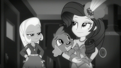 Size: 1280x720 | Tagged: safe, derpibooru import, screencap, rarity, spike, spike the regular dog, trixie, dog, better together, equestria girls, rarity investigates: the case of the bedazzled boot, monochrome