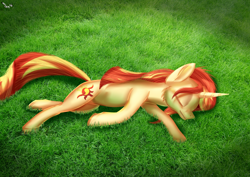 Size: 2480x1754 | Tagged: safe, artist:sintakhra, sunset shimmer, pony, unicorn, sleeping, solo