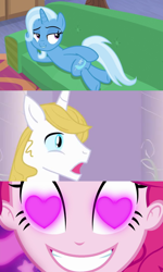 Size: 1200x1996 | Tagged: safe, derpibooru import, edit, edited screencap, screencap, pinkie pie, prince blueblood, trixie, coinky-dink world, eqg summertime shorts, equestria girls, road to friendship, bluetrix, draw me like one of your french girls, female, heart eyes, male, meme, pinkie's eyes, shipping, shipping domino, sofa, straight, wingding eyes