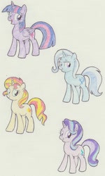 Size: 770x1280 | Tagged: safe, artist:chocolatechippi, derpibooru import, starlight glimmer, sunset shimmer, trixie, twilight sparkle, twilight sparkle (alicorn), alicorn, pony, counterparts, female, magical quartet, mare, traditional art, twilight's counterparts