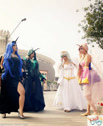 Size: 991x1200 | Tagged: safe, artist:dashcosplay, princess cadance, princess celestia, princess luna, queen chrysalis, human, clothes, cosplay, irl, irl human, photo