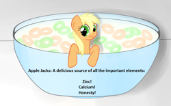 Size: 900x557 | Tagged: safe, applejack, earth pony, pony, apple jacks, cereal, element of honesty, pun