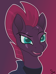 Size: 1613x2160 | Tagged: safe, artist:sintakhra, tempest shadow, pony, unicorn, my little pony: the movie, armor, broken horn, bust, colored pupils, eye scar, female, gradient background, mare, portrait, raised eyebrow, scar, solo