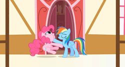 Size: 1364x738 | Tagged: safe, screencap, pinkie pie, rainbow dash, earth pony, pegasus, pony, griffon the brush off, female, mare