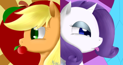 Size: 1500x800 | Tagged: safe, artist:caiyunlai, applejack, rarity, earth pony, pony, unicorn, female, horn, mare, pixiv