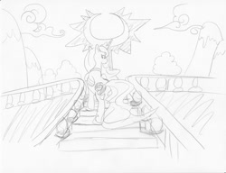 Size: 1024x787 | Tagged: safe, artist:ciaran, derpibooru exclusive, princess luna, alicorn, pony, banister, cloud, monochrome, mountain, sketch, stairs, traditional art