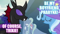 Size: 1280x720 | Tagged: safe, derpibooru import, edit, edited screencap, screencap, pharynx, trixie, to change a changeling, caption, female, image macro, male, meme, phartrix, shipping, straight, text, trixie yells at everything