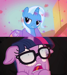 Size: 1280x1448 | Tagged: safe, derpibooru import, edit, edited screencap, screencap, sci-twi, trixie, twilight sparkle, better together, boast busters, equestria girls, spring breakdown, female, lesbian, reaction, sci-twixie, shipping, shipping domino, twixie