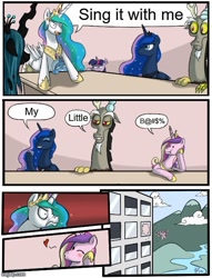 Size: 500x655 | Tagged: safe, derpibooru import, discord, princess cadance, princess celestia, princess luna, queen chrysalis, trixie, twilight sparkle, alicorn, changeling, changeling queen, draconequus, pony, angry, boardroom suggestion, defenestration, employer meme, exploitable meme, female, floating heart, heart, meme, mountain, one eye closed, wink