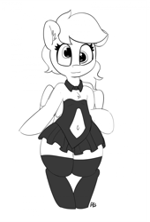 Size: 1280x1886 | Tagged: safe, artist:pabbley, derpy hooves, pegasus, pony, 30 minute art challenge, belly button, bipedal, black dress, chest fluff, clothes, cute, dress, ear fluff, female, grayscale, mare, monochrome, solo, stockings, thigh highs