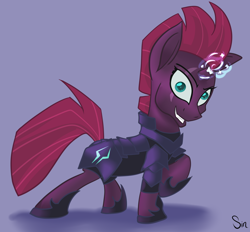Size: 2324x2160 | Tagged: safe, artist:sintakhra, tempest shadow, pony, unicorn, my little pony: the movie, broken horn, evil grin, eye scar, female, grin, happy, horn, looking at you, mare, pretty pretty tempest, raised hoof, scar, scary face, silly little ponies, smiling, solo, sparking horn