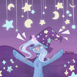 Size: 1080x1080 | Tagged: safe, artist:akiiichaos, derpibooru import, trixie, pony, unicorn, blushing, chest fluff, clothes, happy, hat, magic, solo, stars, trixie's hat