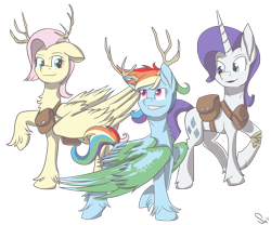 Size: 1170x972 | Tagged: safe, artist:sintakhra, fluttershy, rainbow dash, rarity, pegasus, pony, unicorn, fanfic:to perytonia, antlers, bandage, fanfic, fanfic art, simple background, transparent background