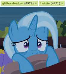 Size: 338x382 | Tagged: safe, derpibooru import, edit, edited screencap, screencap, trixie, pony, unicorn, road to friendship, cropped, derpibooru, female, implied glitter drops, implied glittershadow, implied lesbian, implied shipping, implied tempest shadow, implied twilight sparkle, mare, meta, sad, solo, tags