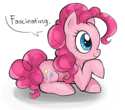 Size: 590x520 | Tagged: safe, artist:milk4ppl, pinkie pie, earth pony, pony, cute, dialogue, diapinkes, fascinating, female, mare, one word, profile, prone, reaction image, simple background, solo, speech bubble, white background