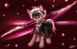 Size: 2353x1485 | Tagged: safe, artist:sintakhra, unicorn, clothes, coat, male, simple background, solo, stallion, trails of cold steel 2, unshorn fetlocks, video game, video game crossover, weapon